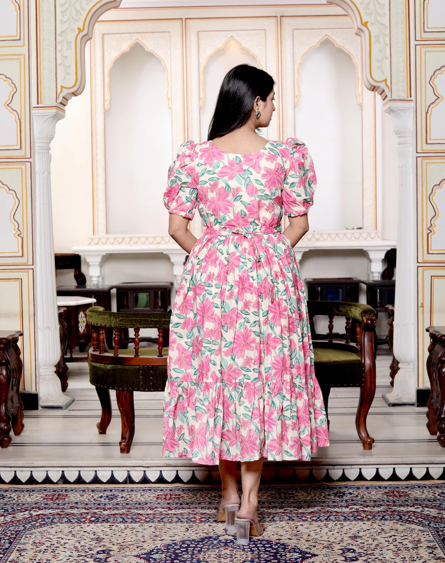 Petal Pop: Pink Floral Cotton Midi Dress with Puff Sleeves