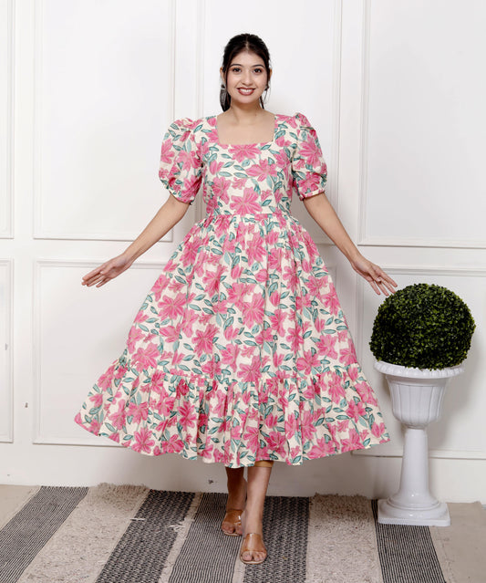 Petal Pop: Pink Floral Cotton Midi Dress with Puff Sleeves