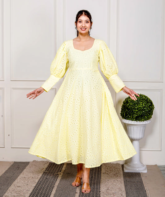Lemon Glow: Hakoba Cotton Midi Dress with Puff Sleeves