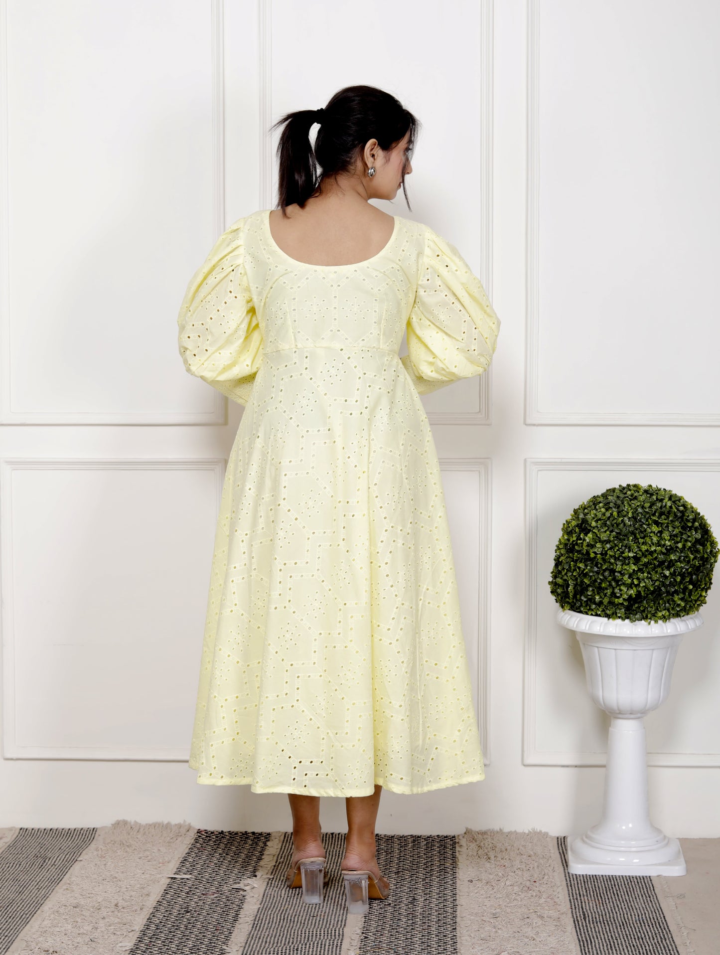 Lemon Glow: Hakoba Cotton Midi Dress with Puff Sleeves