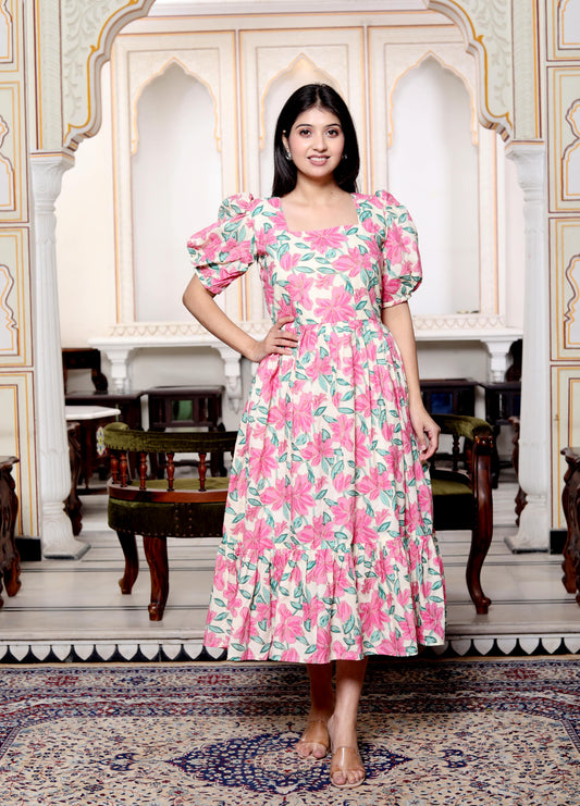 Petal Pop: Pink Floral Cotton Midi Dress with Puff Sleeves
