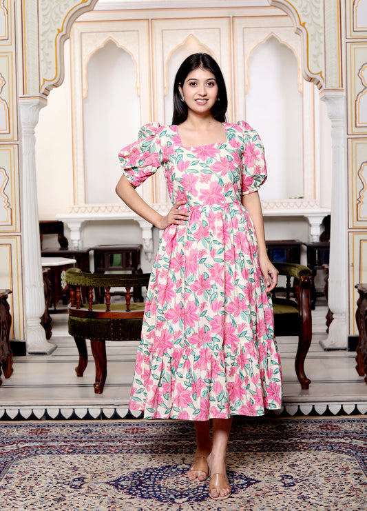 Petal Pop: Pink Floral Cotton Midi Dress with Puff Sleeves
