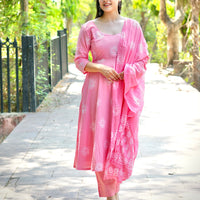 Graceful Pink Cotton Anarkali with Traditional Block Prints