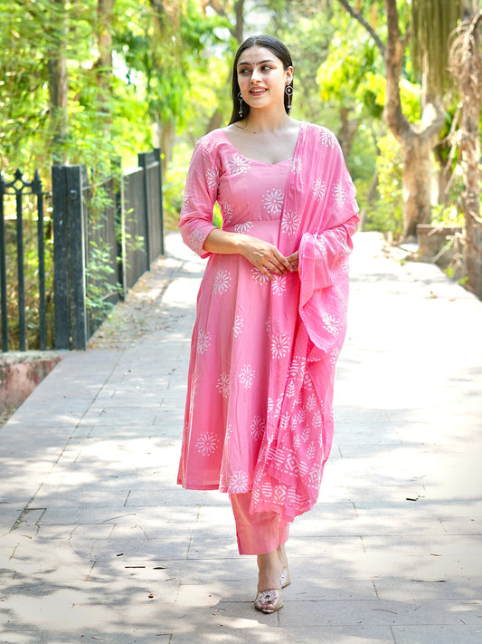 Graceful Pink Cotton Anarkali with Traditional Block Prints