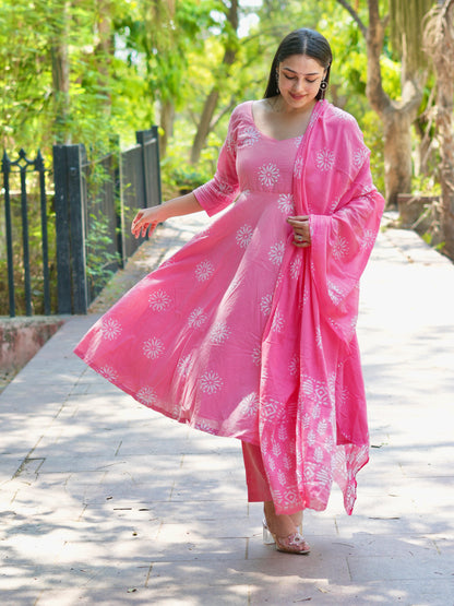 Graceful Pink Cotton Anarkali with Traditional Block Prints