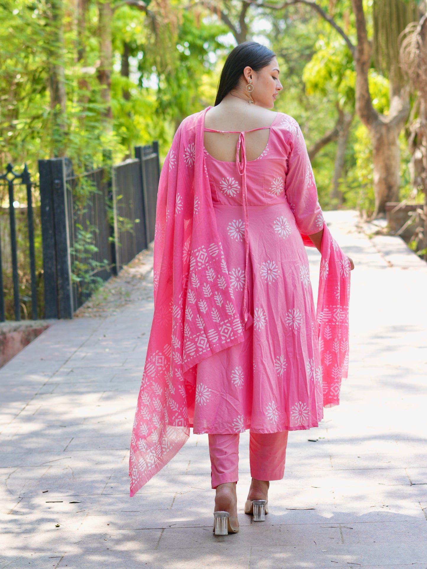 Graceful Pink Cotton Anarkali with Traditional Block Prints
