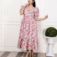 Petal Pop: Pink Floral Cotton Midi Dress with Puff Sleeves