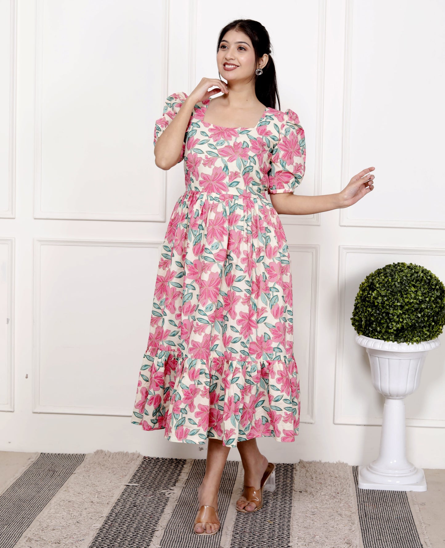 Petal Pop: Pink Floral Cotton Midi Dress with Puff Sleeves