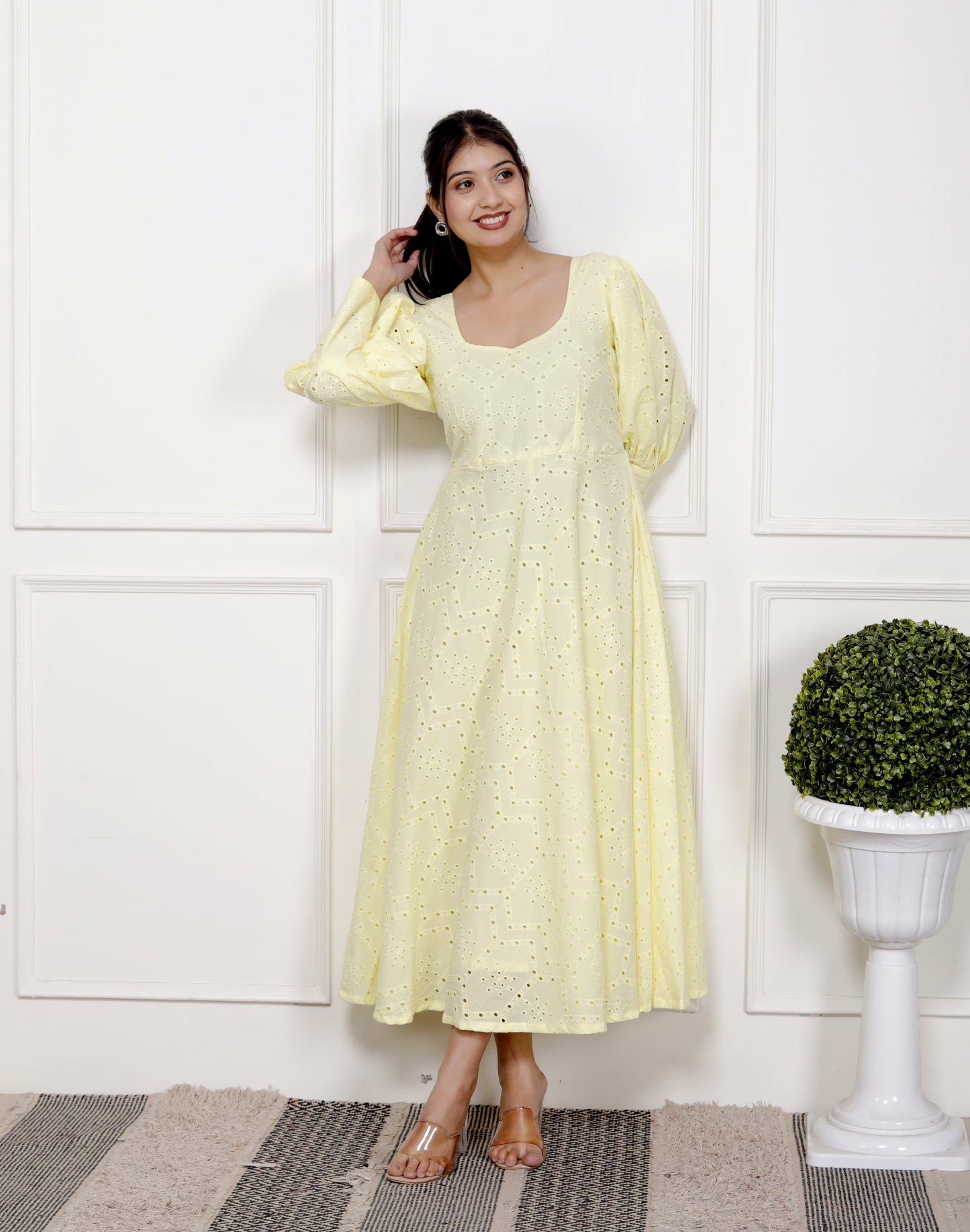 Lemon Glow: Hakoba Cotton Midi Dress with Puff Sleeves